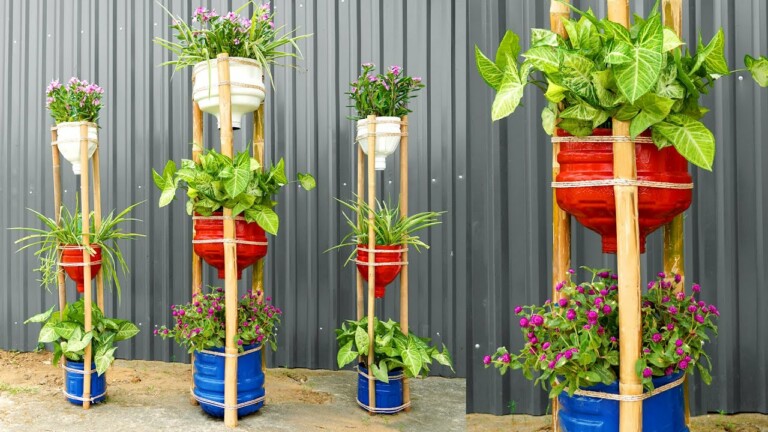 Recycle plastic bottles into creative flower tower pots for your garden